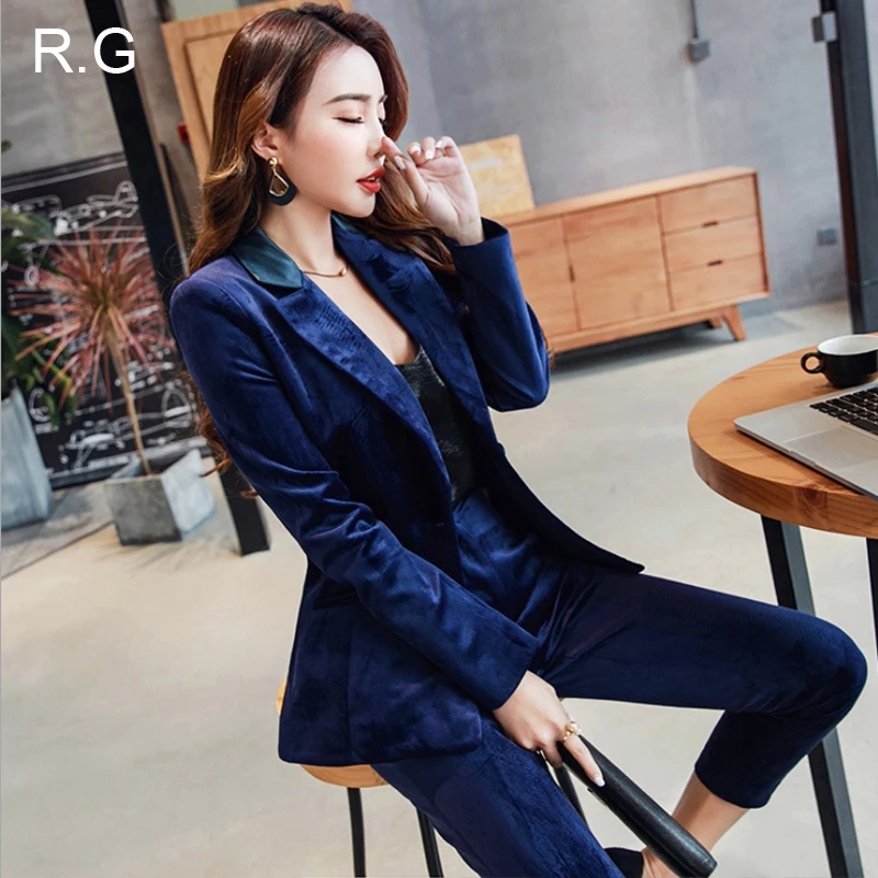 RG Formal Business Fashion Suit Female Trouser Set Blue Velvet Fabric Office Uniform Ankle-Length Pants Pantsuit Suit Set Women