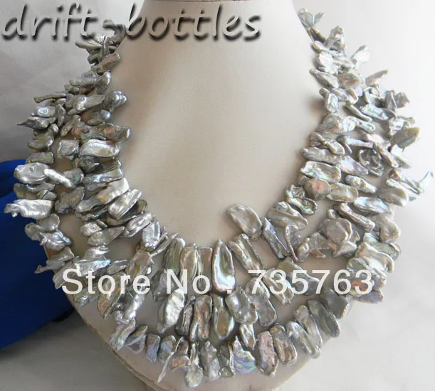 

HOT 3Strands 18'' 10mmX20MM Gray Biwa Baroque Round Freshwater Pearl Necklace