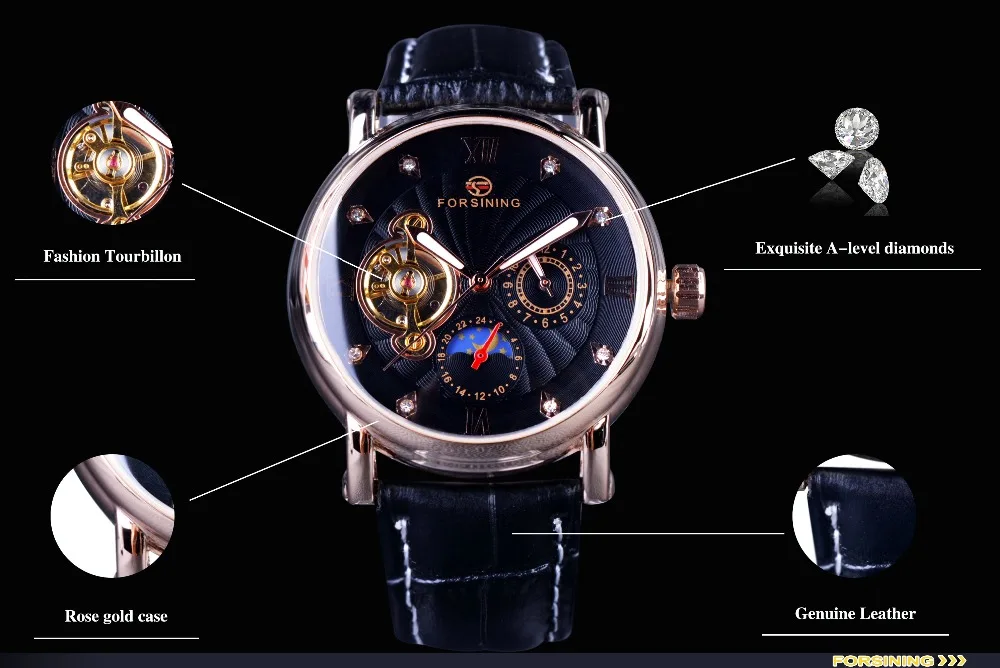 Forsining أيدي مضيئة ارتفع الأزياء الفاخرة الرجال الساعات top brand tourbillion الذهبي الماس العرض التلقائي الميكانيكية ووتش