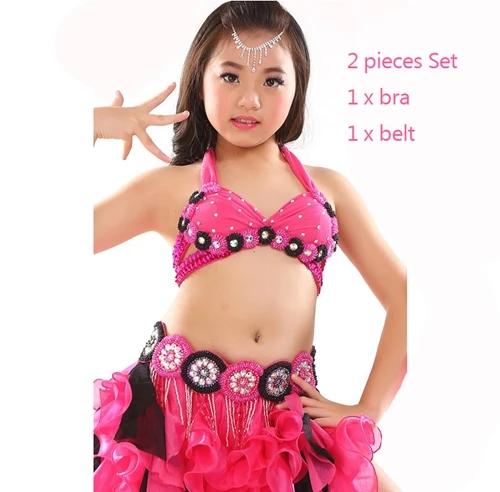 Костюмы для танца живота, для девочек, для детей, для восточных танцев, расшитый бисером бюстгальтер, пояс, сексуальное индийское платье, детские танцевальные костюмы для выступлений - Цвет: Fuchsia bra belt