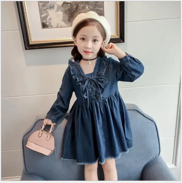 

baby girl denim long sleeve dress kids girl bow-knot Pleated v-neck denim dress for party school girl autumn denim clothing