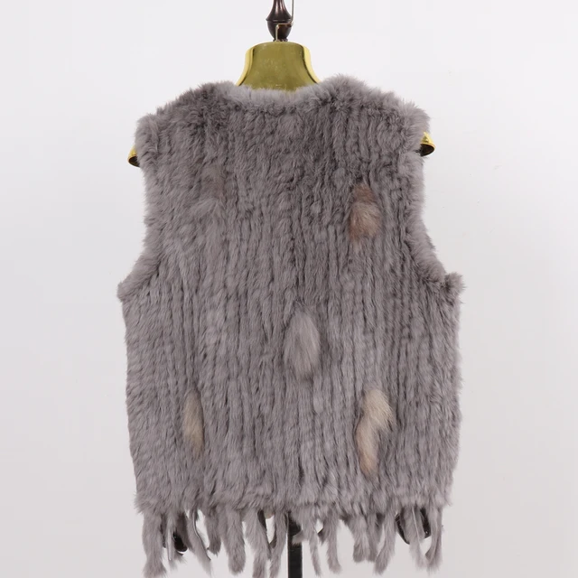New Lady Knitted Genuine Rabbit Fur Vests 100% Natural Rabbit Fur Gilets Women Winter Knit Tassel Rabbit Fur Sleeveless Jackets 2