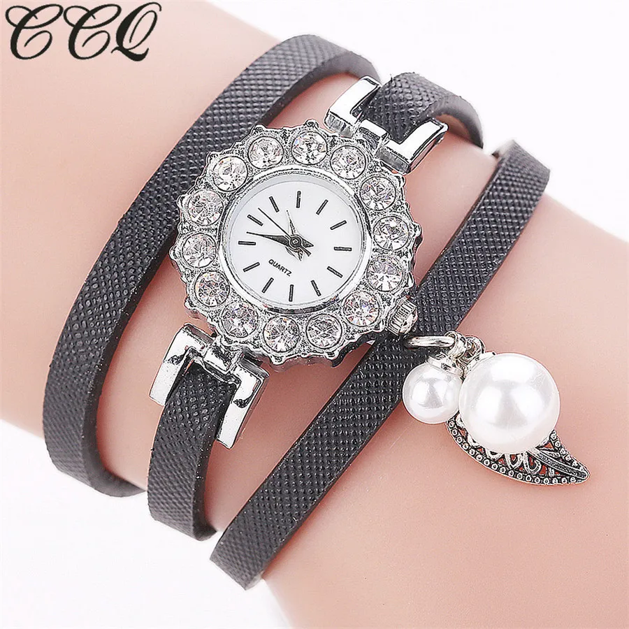 

CCQ Brand Women Dress Watch Fashion Vintage Silver Crystal Bead Leaf Bracelet Wristwatch Casual Ladies Luxury Wristwatch Clock
