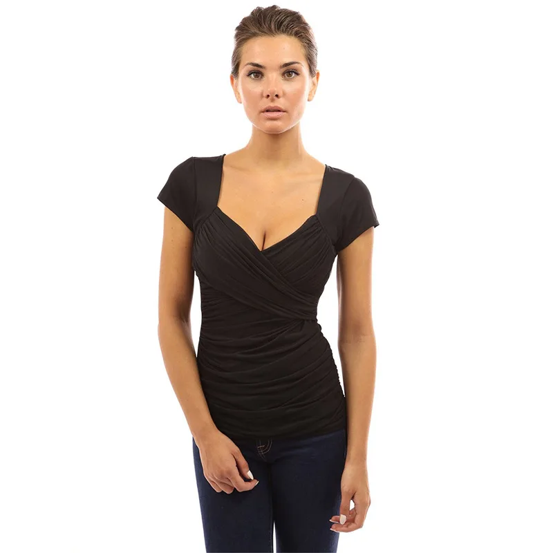 

Women's 2019 Spring Summer Explosion Hot Sale Solid Color Short Sleeve Chest Cross Fashion High Quality Casual T-Shirt