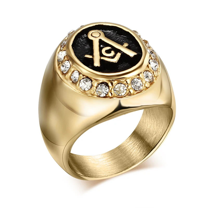 

Men Gold freemasonry ring jewelry stainless steel gold masonic rings for men/women crystal men ring free shipping