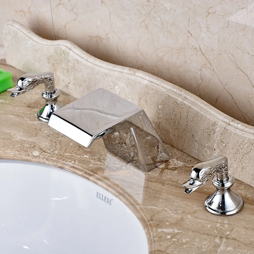 

Chrome Finish Waterfall Square Bathroom Basin Faucet Dual Handles Mixer Tap