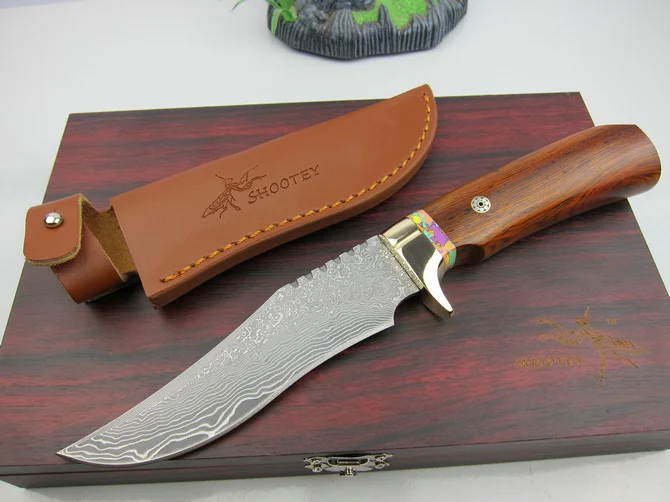Shootey M2 Дамасские фиксированные ножи, палисандр ручка кемпинг нож выживания, охотничий нож