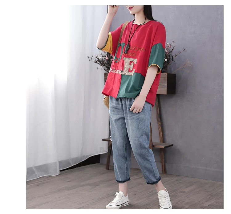 Women Summer Fashion Brand China Style Vintage Patchwork Letter Embroidery Short Sleeve T-shirt Female Casual Loose Tee Tshirts