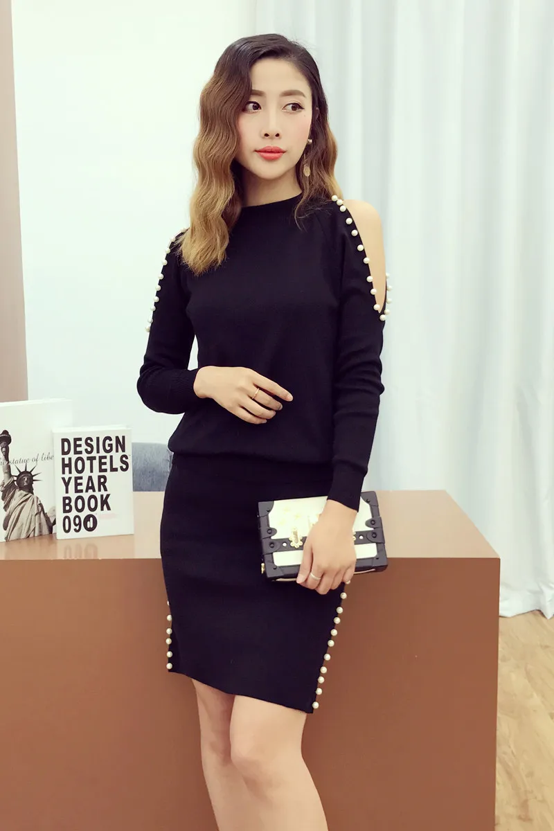 Женский костюм с юбкой Alphalmoda вязаный свитер открытыми плечами и длинными