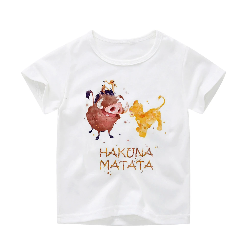 Летние детские футболки Забавные футболки для мальчиков с принтом животных HAKUNA MATATA топы для девочек от 2 до 12 лет, летняя футболка с забавным рисунком единорога