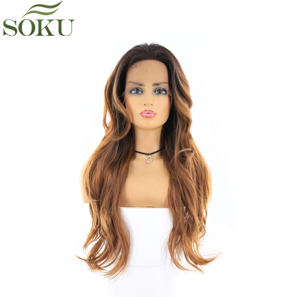 Синтетические кружевные передние парики с детскими волосами SOKU 24 дюйма длинные волнистые коричневые бесклеевые высокотемпературные парики для черных женщин