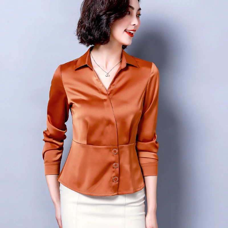 

Women's 2019 spring autumn new silk long-sleeved shirt women's satin shirt heavy silk waist slimming shirt l66