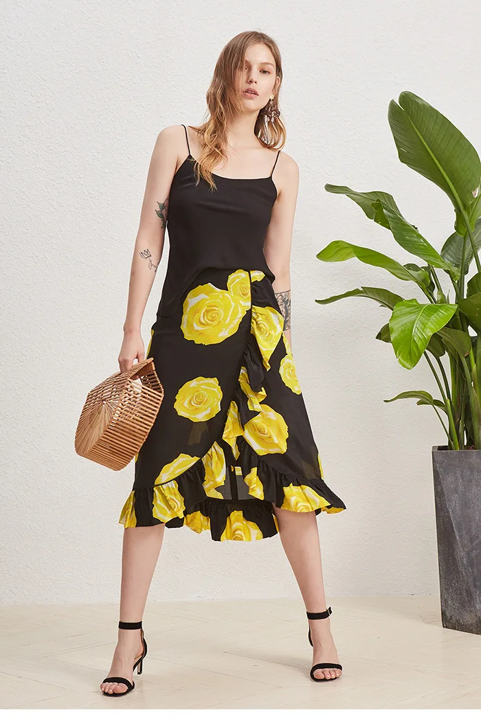 

Women Skirt Silk Yellow Rose Print Bag Hip High Waist Ruffle Skirt