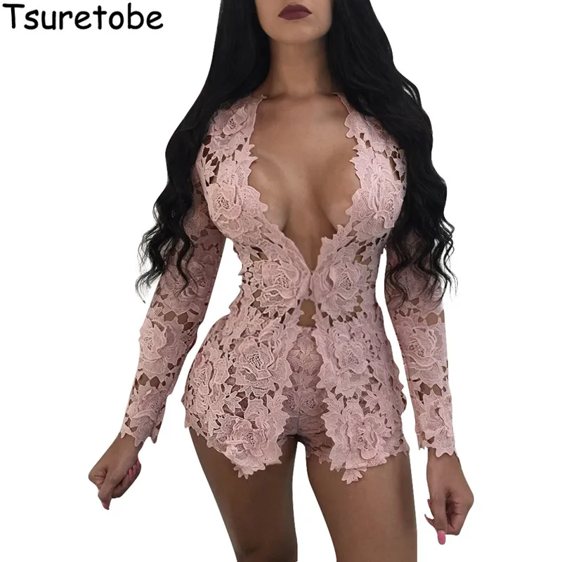 

2017 New Summer Two Piece Elegant Floral Lace Playsuits Long Sleeve Hollow Out Skinny Short Sexy Jumpsuit Women Rompers Overalls