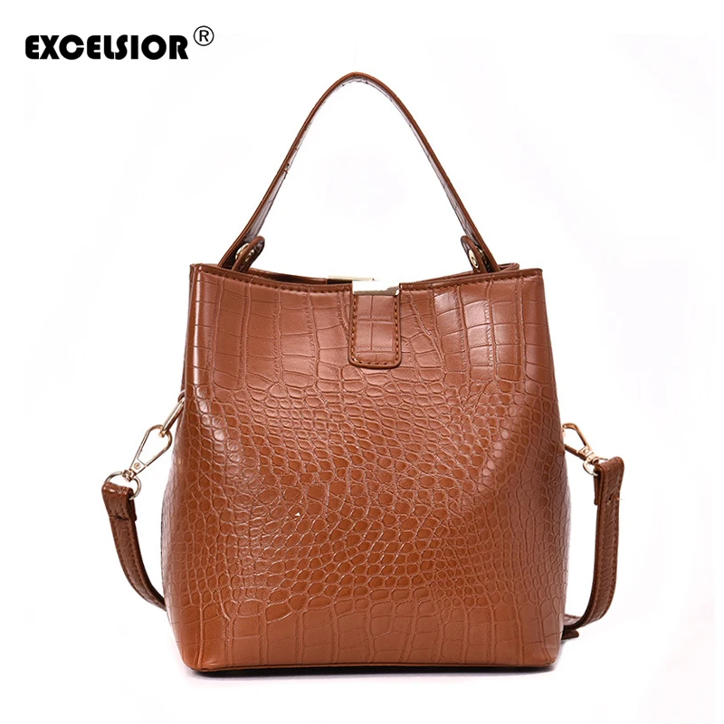 

EXCELSIOR Designer Women's Bags Beach Handbag Casual Bucket Bag Shoulder Messenger Serpentine Crossbody Bag with 2 Straps 2019