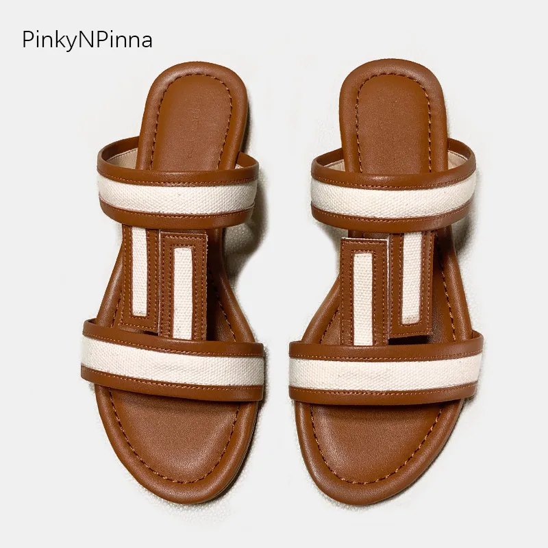 

Latest designer women fashion flat slippers full genuine leather sheepskin insole wide double t-strap beach party summer shoes