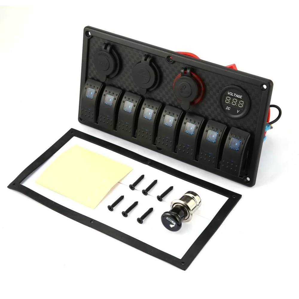 

LED Car Boat Rocker Switch 8 Gang Panel Dual USB Cigarette Lighter Socket Voltmeter Auto Car LED Boat Switch Panel