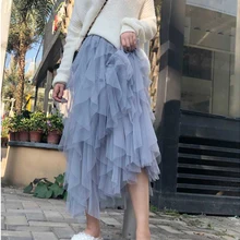 Винтаж фрагмент сшивание Тюлевая юбка женская черная белая взрослая длинная юбка эластичная высокая талия плиссированная пляжная юбка миди