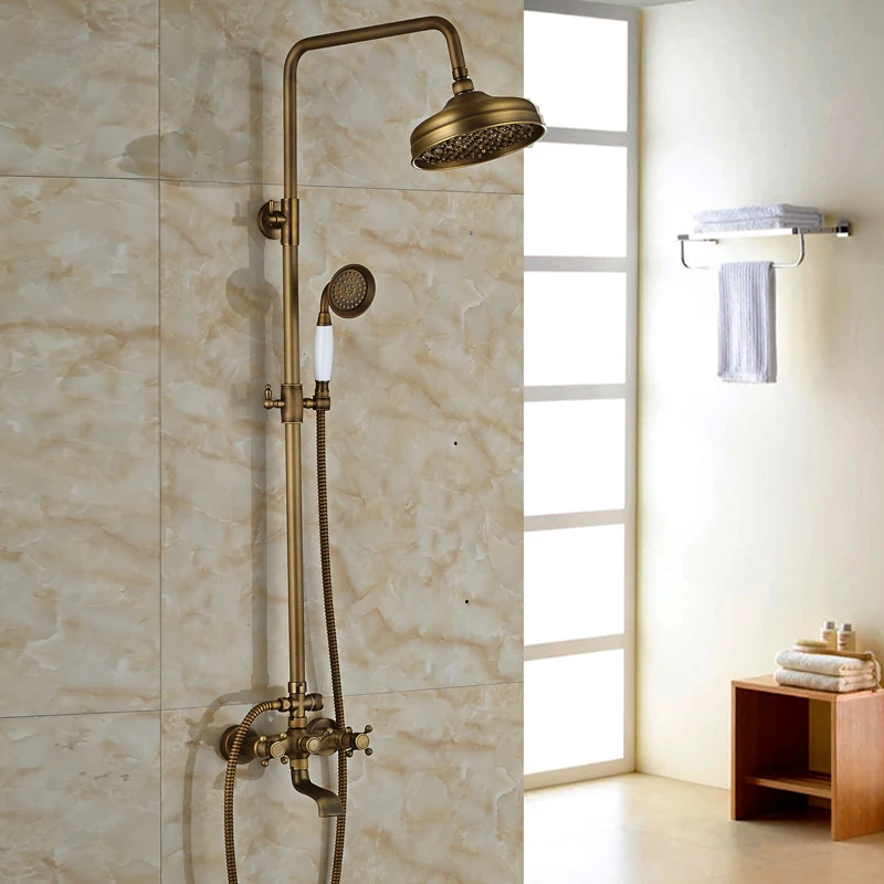 Современный 6-параметры модели: рост-Ванная комната поверхностного монтажа латунь дождевой Душ кран Набор античная латунь с ручной душ+ ванна носик