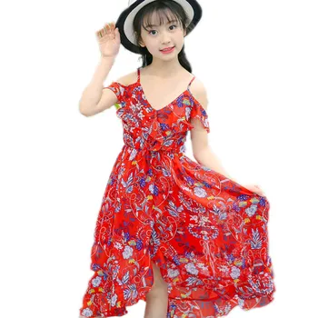 

girls summer dress 2019 children costume sleeveless chiffon girls wedding/party dresses floral printed girls beach dress 4-13T