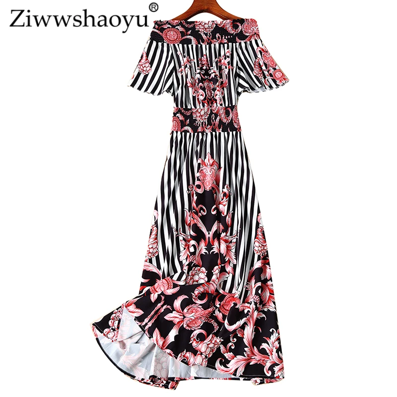 

Ziwwshaoyu Fashion Print dresses Slash neck Sashes temperament Striped Big pendulum dress Spring and summer new women's