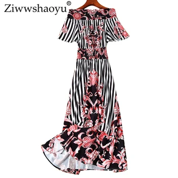 

Ziwwshaoyu Fashion Print dresses Slash neck Sashes temperament Striped Big pendulum dress Spring and summer new women's