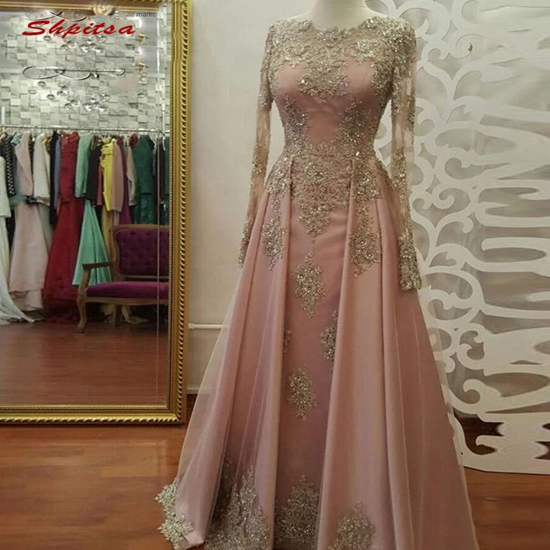 

Long Sleeve Lace Evening Dresses Party Satin Beaded Crystal Plus Size Ladies Women Formal Dresses Evening Gown