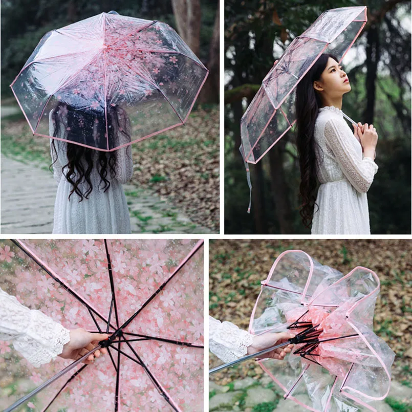 Женский прозрачный зонт в три сложения с изображением цветущей вишни, гриба Аполлона, сакуры, складной зонт от дождя, женский зонтик