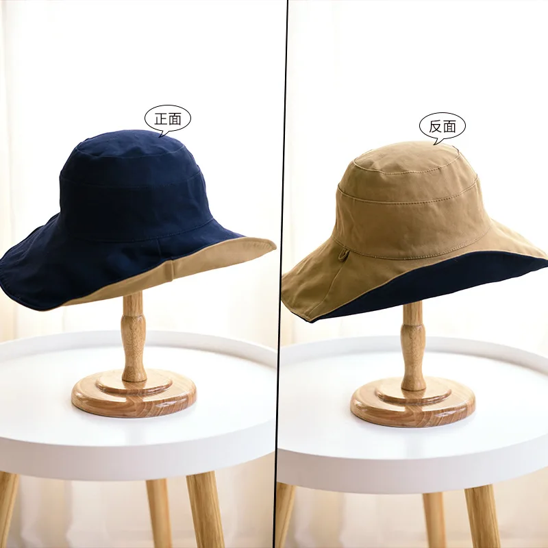navy and khaki Женская весенне-летняя солнцезащитная Кепка, женская шляпа рыбака, хлопковая Панама, двухсторонняя одежда, большой пляжный навес, Кепка - Цвет: navy and khaki