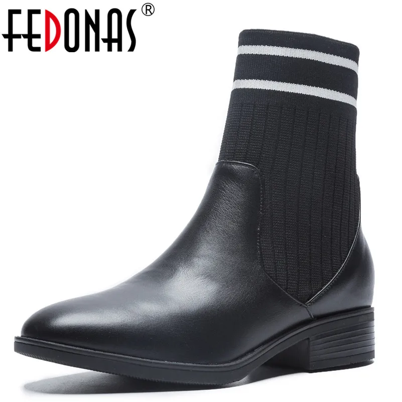 

FEDONAS Fashion Women Genuine Leather Ankle Boots High Heels Socks Boots New 2019 Female Short Basic Boots Motorcycle Boots