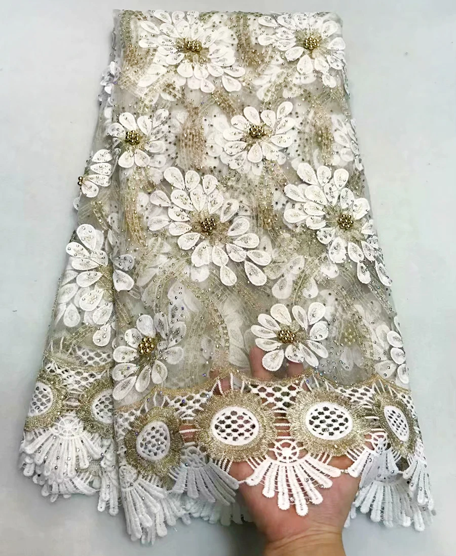 

White Color Tulle Lace Fabric 3D flower High Quality Beaded Lace Fabric Beautiful Applique Nigerian Lace Fabric For Wedding
