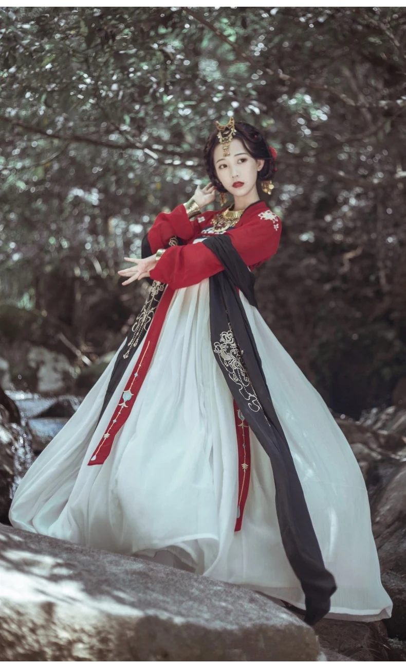 Hanfu платье женщины/дамы элегантный красный Hanfu одежда китайские традиционные костюмы древний Китай Народная танцевальная юбка DQL349