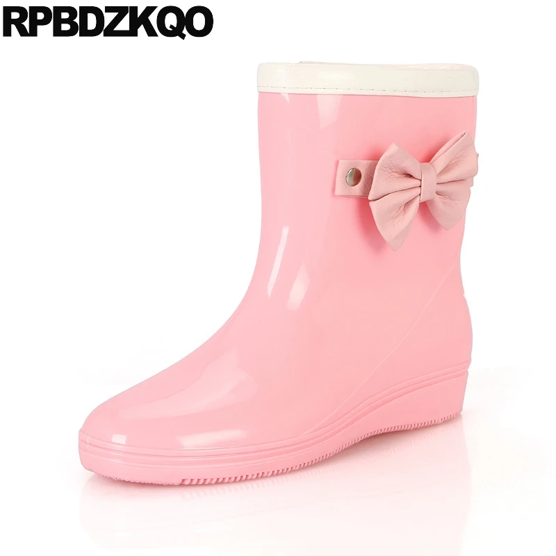 

Bow Knot Jelly Bowtie Plush Fishing Rainboots Rain Boots Low Heel Short Women Ankle Pvc Shoes Fur Lined Slip On Wedges Rubber