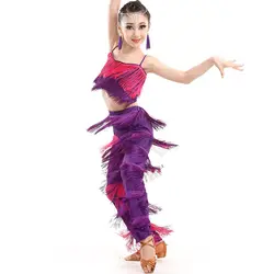 Латинский платье для танцев для девочек 3 шт. (топы и брюки и серьги) ча-ча Сальса Румба платье для танцев конкурс девочки; Дети Костюм