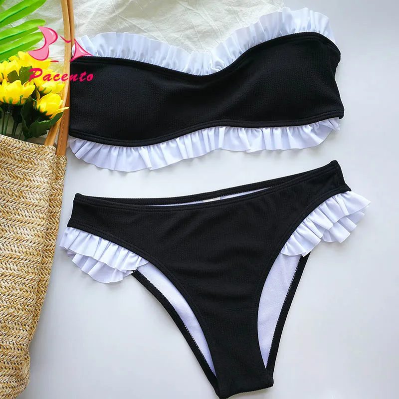 

Pacento 4 Colors Bandeau Bikinis Set Ruffle Simwear Women 2018 Bathing Suit Women Black Pink Low Waist Swimsuit Female Plavky