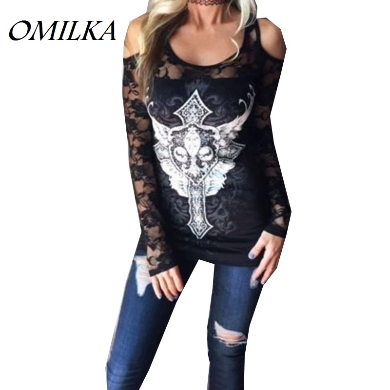 

OMILKA 2017 Autumn Winter Women Long Sleeve Off the Shoulder Printed Lace T Shirt Sexy Black White Patchwork Club Party Tops