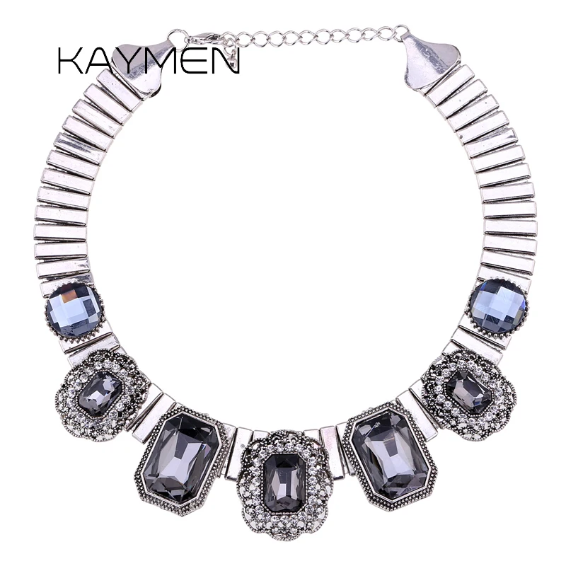 

KAYMEN Fashion Statement Vintage Necklace for Women Inlaid Glass Stones and Rhinestones Antique Silver Chokers Necklace NK-01513