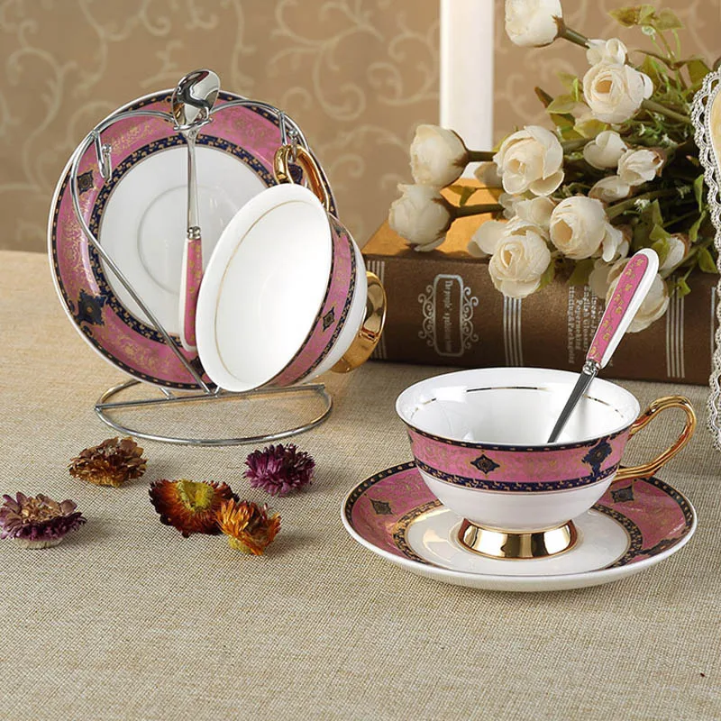 

High Quality Bone China Royal Classic Tea / Coffee Cup and Saucer (2 sets) with Western Style Pattern Gilt Edge Purple Color