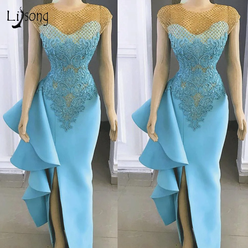 Real Image Sea Blue Sexy Mermaid Evening Dresses Sexy Side Split Long Prom Gowns Ruffles Party Dresses Lace Appliques