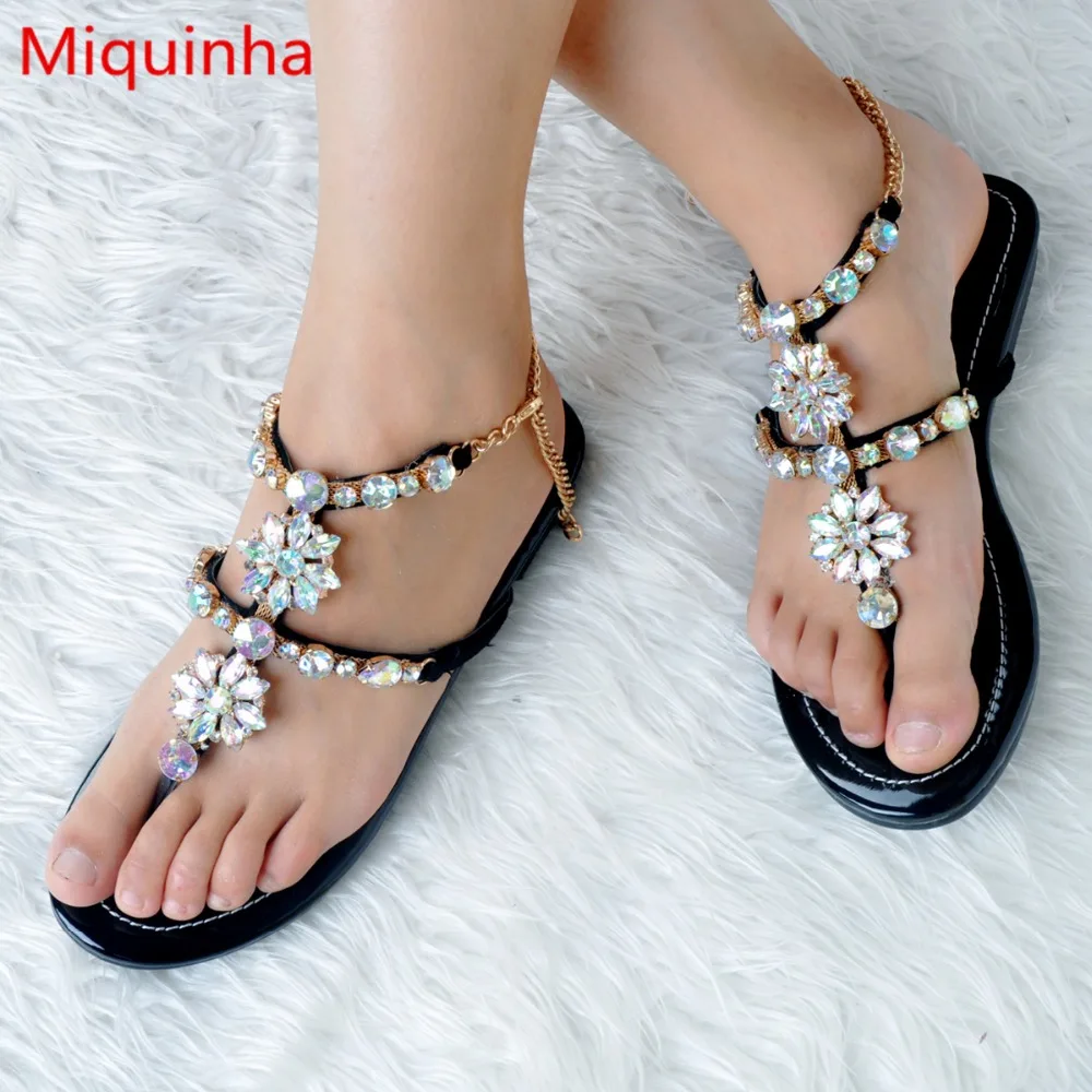 

Miquinha Bling Crystal Flower Decor Jeweled Sandals Metal Chain Women Flats Open Toe Girl Lady Runway Super Star Mujer Sandalia