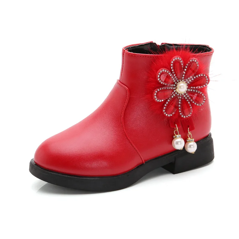 Autumn Winter Children's leather boots For Baby Girls Leisure short boot Flowers Warm plush Martin boots for children