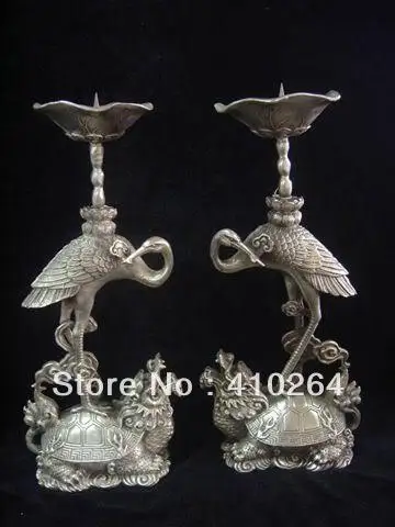 

0116P [old craft ] fast shipping a pair chinese candlestick carved turtle pair Tibet Silver Stork statue (A0321)