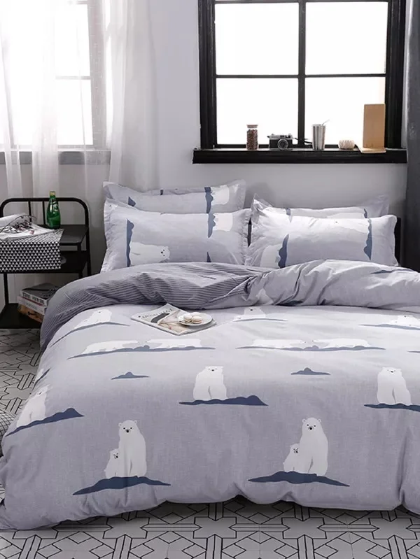 

White Bear On Gray Printed Bedding Set Kids Bedspread Duvet Cover Bed Set With Flat Sheet 3/4Pcs Bed Sheet