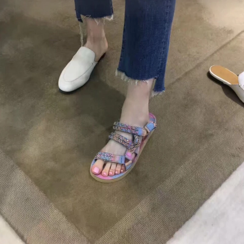 

Koovan Women's Sandals Summer 2019 New Roman Pink Magic Paste Chain Flats Sandals Open-toed Rainbow Fairy Shoes For Women