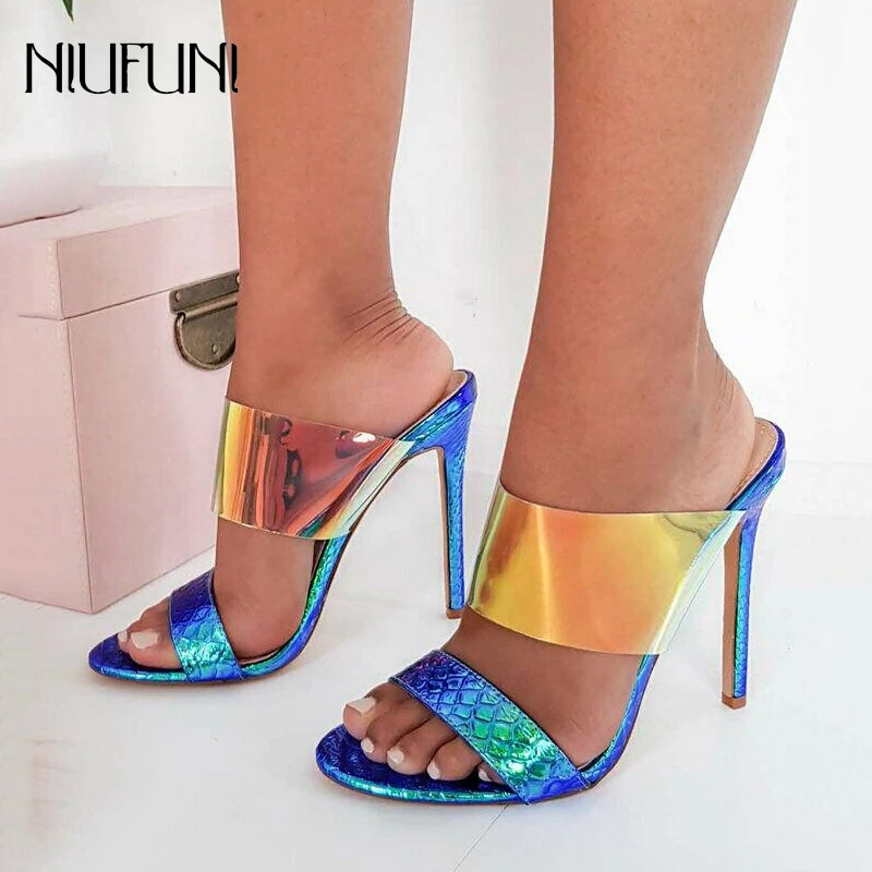 

Women Sexy Slip On Peep Toe Sandals High Heels Slippers Open Toe Dress Shoes Sexy PVC Ladies Summer Transparent Mules Shoes