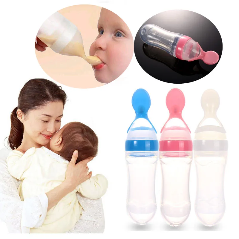 Baby Squeezing Feeding Spoon Silicone Training Scoop Rice Cereal Food Supplement Feeder Safe