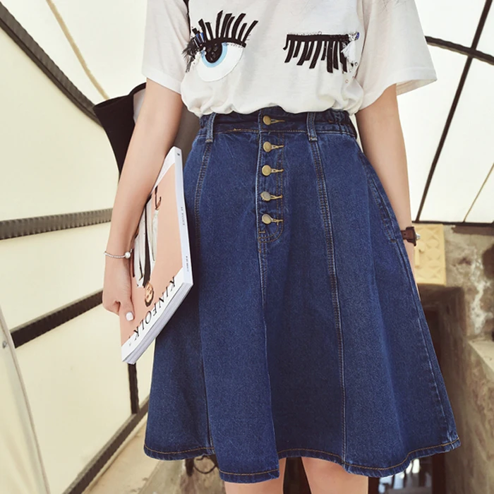 

2019 New Denim Plus Size Woman Skirt A-line Jeans Front Button Knee-Length High Waist Saia Jupe Korea Style Skirts Women Saias