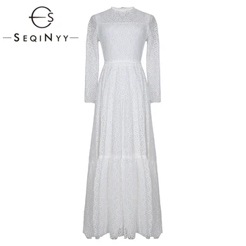 

SEQINYY Sweet Dress 2020 Summer Spring New Fashion Design Long Sleeve Women Midi High Quality White Lace Dress