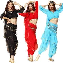 Новая стильная одежда для танца живота, костюм для танца живота, индийская танцевальная одежда, 4 шт. М/Л, длинный рукав, штаны, пояс и повязка на голову, 8 цветов