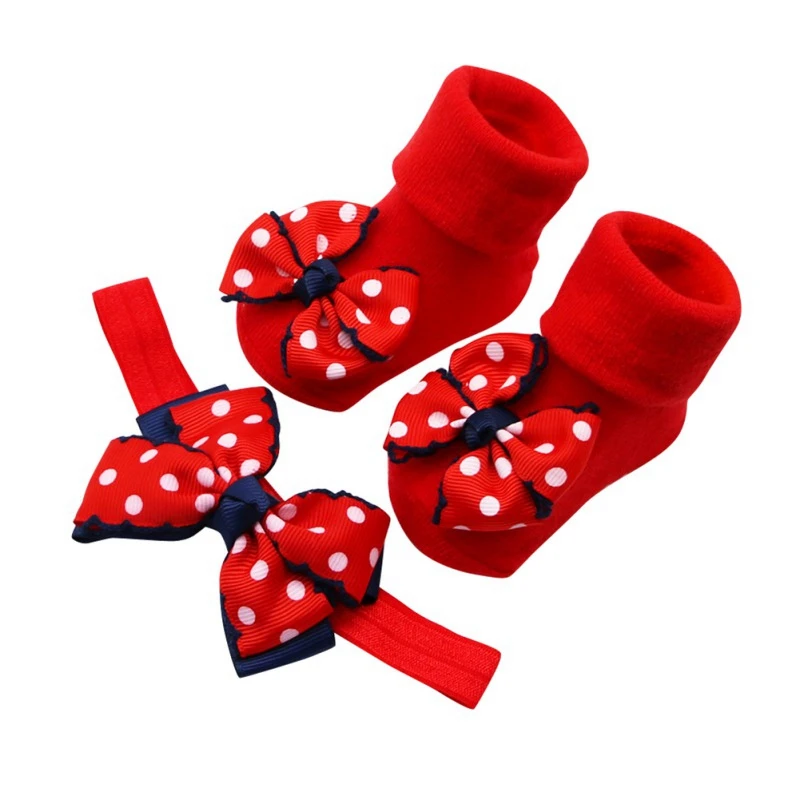 Милые носки для детей 0-1 лет, 3 цвета двухслойный бант в горошек, хлопковые носки для малышей нескользящие носки для малышей+ повязка для волос